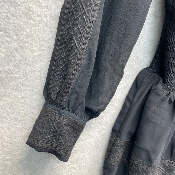 Rebecca Minkoff Noelle Dress Womens‎ XS Black Peasant Embroidered Smocked V-Neck - Picture 4 of 16